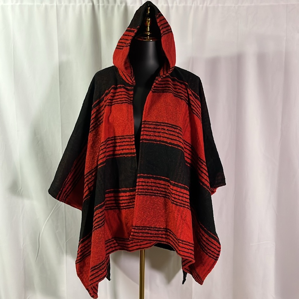 Express Red & Black Striped Boucle Knit Hooded Open Front Poncho
